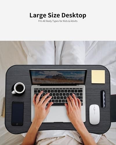 VIFOCAE Foldable Lap Desk, Laptop Bed Desk, Portable Lap Table, Laptop Bed Table with Cup Holder & Tablet Slot & Lifting Handle for Working Writing Drawing & Eating - Black Wood thumbnail 4