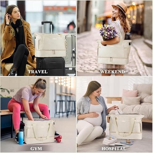 ETRONIK Gym Bag for Women, Personal Item Travel Bag with Shoes Compartment, Weekender Overnight Duffel Bag with Wet Pocket & USB Charging Port, Carry On Bag for Women, Travel, Gym, Weekend (Beige) thumbnail 7