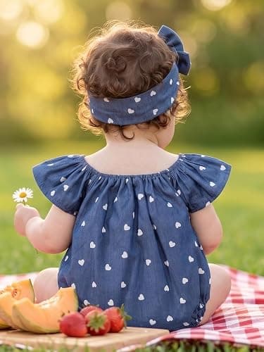 FirstTrail Baby Girl Summer Clothes Outfits Flutter Sleeve Denim Heart Romper One Piece Jumpsuit Bodysuit thumbnail 4
