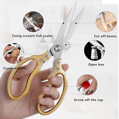 AWinjoy Kitchen Scissors, Heavy Duty Sharp Shears Dishwasher Safe, Kitchen Accessories Cooking Shears for Meat Chicken Fish Poultry Herb Bread (gold) thumbnail 4