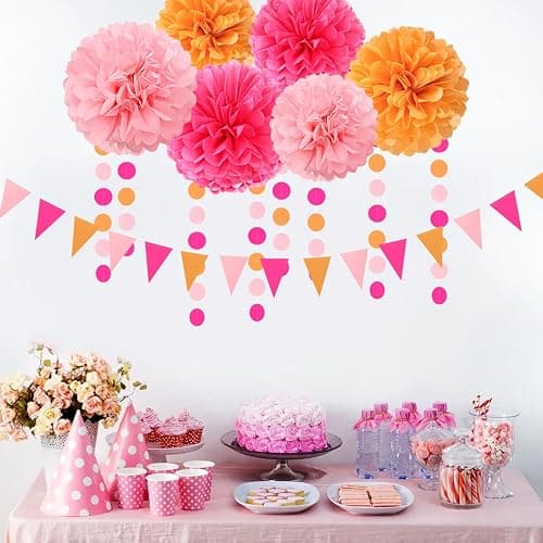 Hot-Pink Burnt-Orange Fall Party Decorations - 23pcs Birthday Baby Shower Tissue Pom Poms Streamers,Sunset Autumn Thanksgiving Tassel Garland Banner,Bridal Wedding Graduation Decor Backdrop Ouruola thumbnail 5