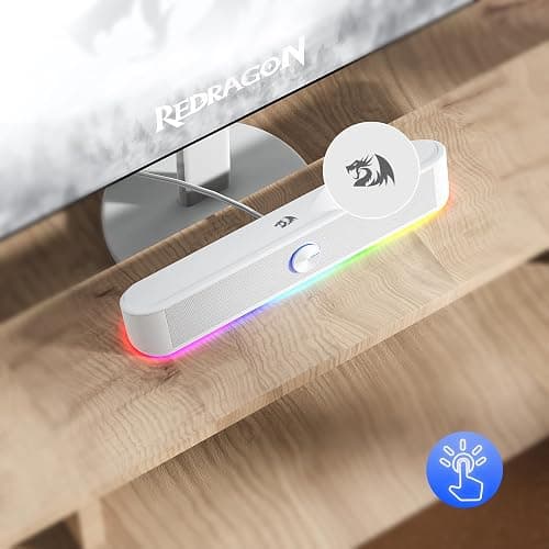Redragon GS560 RGB Desktop Soundbar, 2.0 Channel Computer Speaker with Dynamic Lighting Bar Audio-Light Sync/Display, Touch-Control Backlit with Volume Knob, USB Powered w/ 3.5mm Cable, White thumbnail 9