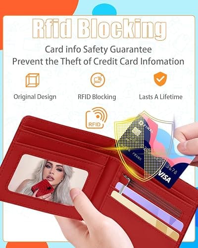 Bistup Cute Leather Wallet for Boys - Cool Credit Card Cash Id Holder Rfid Blocking Bifold Small Wallets With Coin Pocket Slim for Teens Little Boy Youth Cartoon Unique Red Kawaii Design thumbnail 4