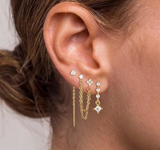 Moodear Dangle Earrings 3/4 Pairs Dainty 14K Gold Plated Earrings for Women Trendy Chain Earring Stacks Set Cubic Zirconia Drop Hoop Stud Hypoallergenic Earrings for Women Jewelry Gifts thumbnail 2