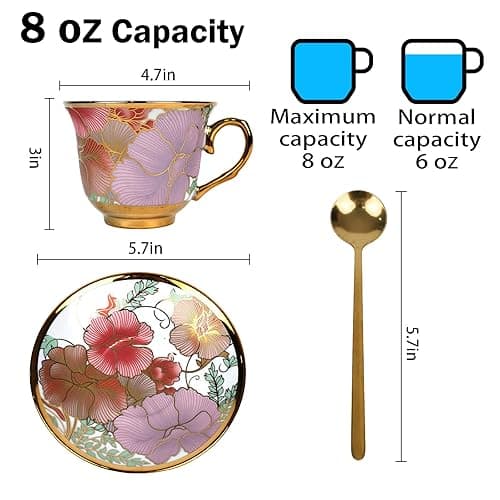 Tea Cups and Saucers Set of 6, 8 OZ Ceramic Tea Cups with Saucers Vintage Floral Tea Cup Set for Cappuccino, Macchiato, Afternoon Tea Birthday Party Supply Thanksgiving Day Halloween gifts thumbnail 4