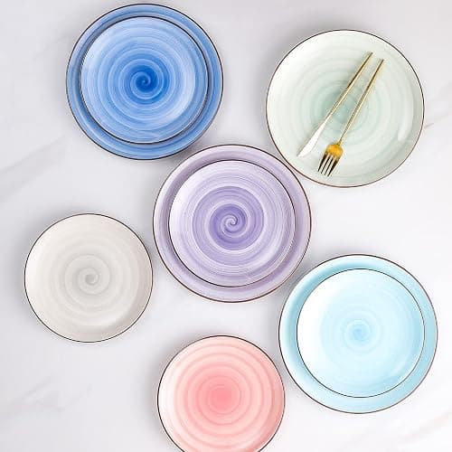 KitchenTour Large Ceramic Dinner Plates, 10 Inch Porcelain Serving Plate for Salad, Dessert Pizza Steak Pasta Plates Set, Dishwasher and Microwave Safe - Set of 6, Assorted Warm Colors thumbnail 5