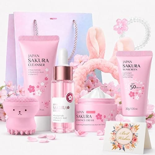 9PC Sakura Skin Care Set for Teen Girls, Japanese Skincare Gift Kit | Sakura skin care gift kit with cleanser, serum, cream, sunscreen, brush, headband, hair tie, card & bag for teen pamper - Image 1