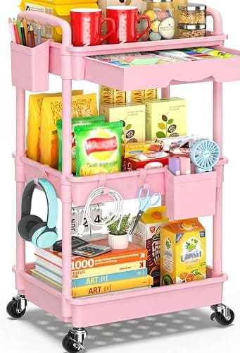SUNALLY 3 Tier Rolling Cart with Drawer, Craft Storage Cart Organizer, Pink | Bathroom Storage Organizer with 2 Lockable Wheels, Rolling Utility Cart for Kitchen, Office, Baby, Makeup, Nail,Snack,Laundry - Image 1