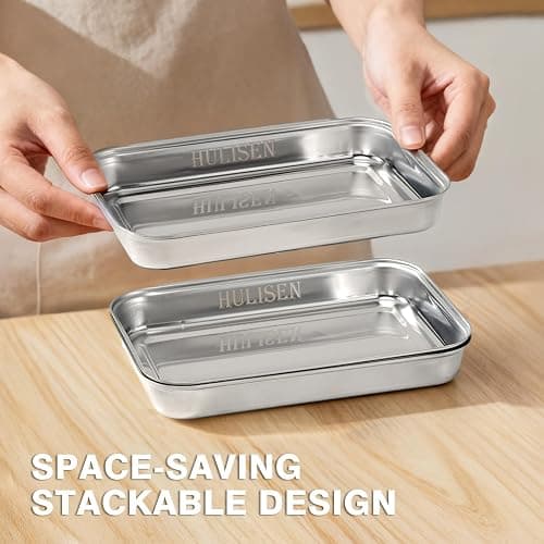 HULISEN Set of 3 Breading Pans, Stainless Steel Breading Set for Marinating Meat, Chicken, Fish, Food Prep Trays, Coating Trays Can Be Used to Baking Cake, Oven Safe thumbnail 2