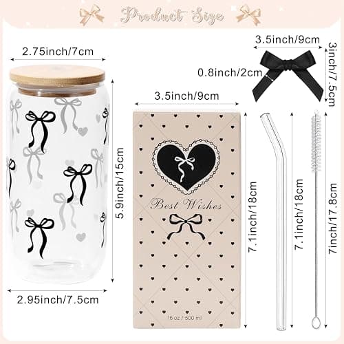 Coquette Black Bow Aesthetic Cup With Gift Box 16oz Glass Cup with Lids Straws and Black Bow Iced Coffee Smoothie Cute Tumbler with Cleaning Brush for Girls Bestfriend Sister Girlfriend, Preppy Stuff thumbnail 3