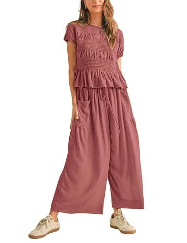 Antnation Womens 2 Piece Smocked Top Wide-Leg Pants Set High-Waisted Lounge Outfit with Pockets Casual Boho Matching Set thumbnail 3