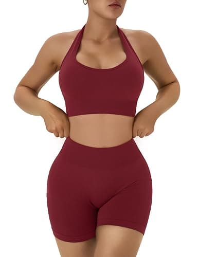 OLCHEE Workout Sets for Women 2 Piece Backless Halter Sports Bra High Waist Booty Shorts Yoga Gym Outfits Lounge Activewear thumbnail 4