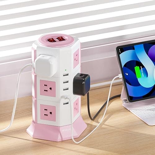 Pink Tower Power Strip with Surge Protection | HITRENDS 12 AC Outlets + 5 USB Ports | 16AWG/ 6.5 Ft Extension Cord with Multiple Outlets | Space-Saving Design for Office & Home(1625W, 1050J) thumbnail 6