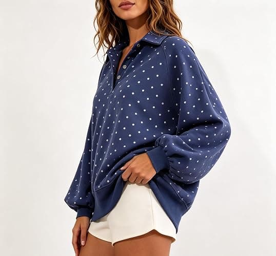 Women Oversized Polka Dot Sweatshirts Long Sleeve Quarter Button Pullover | Henley Neck Snap Button Up Pullover Tops, Raglan Sleeve Y2k Teens Girls Fall Outfits Preppy Cute Clothes thumbnail 5