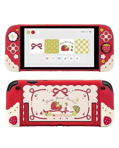 GeekShare Strawberries with Cream Case Compatible with Switch 2, Slim Separable Soft Silicone Protective Shell with 2 Thumb Grip Caps -- Red - Image 1