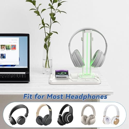 KDD RGB Headphone & Controller Stand with Wireless Charging - Rotatable Headset Stand with 9 Light Modes - Controller Holder with 2 USB and Type C Ports - for Gamers Desktop Accessories(White) thumbnail 5