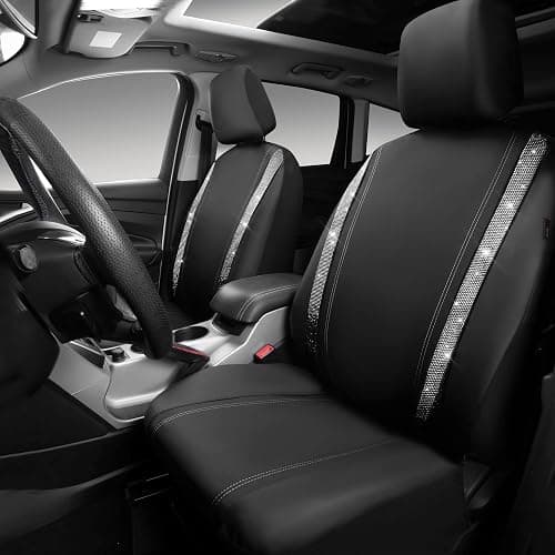 CAR PASS Leather Bling Diamond Car Seat Cover 2 Front Interior Sets, Waterproof Universal Shining Glitter Crystal Sparkle Fit for 95% Automotive Truck SUV Cute Women Girl, Black Silver Rhinestone thumbnail 2