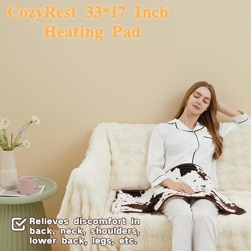 Cow Print Electric Heating Pad – 17 x 33 inch, 3 Heat Settings & 2-Hour Auto Shutoff, Fast Heating, Soft and Cozy for Neck, Shoulder & Back Relief (17"x 33") thumbnail 2