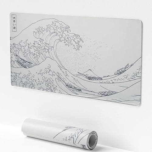 Large Japanese Sea Wave Mouse Pad - White Anime Desk Mat, Extended Non-Slip Keyboard Pad, Kanagawa Office Desktop Protector 23.6" x 11.8" for Gaming, Office and Home - White Waves Sea