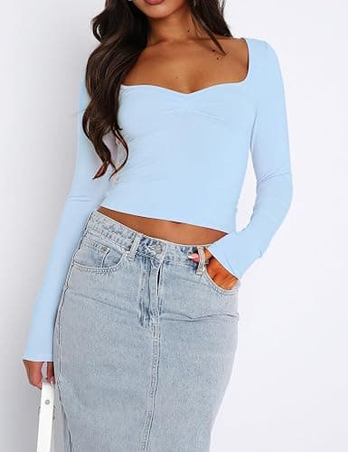TiulZial Women's Long Sleeve Going Out Crop Top Sexy Pleated Trendy Shirt Sweetheart Neck Y2K Ruched Cropped Tops thumbnail 2
