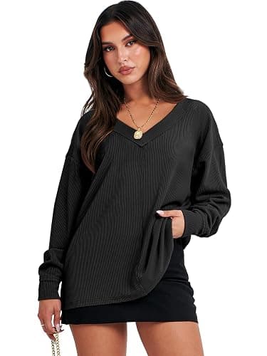 ANRABESS Oversized Long Sleeve Shirts for Women Off the Shoulder Sweatshirt Loose V Neck Tunic Tops High Low Sweater 2025 thumbnail 2