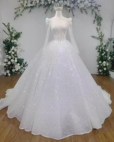 RYANTH Beaded Sequin Wedding Dress for Bride Sparkly Long Sleeves Bridal Ball Gown Luxury Wedding Dresses RDX-W29 - 0 - White thumbnail 3