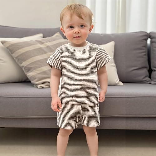 VISGOGO Boy Boy Girls Toddler Summer Outfit Striped T-shirt Toddler Boy Summer Clothes 6 12 18 Months 2 3 4 5 T Short Set thumbnail 2
