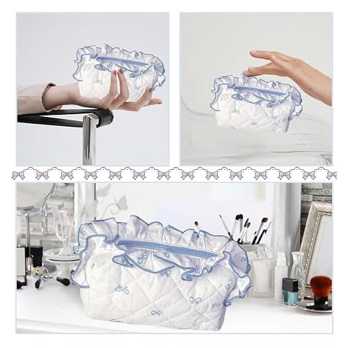 Aikeis Cute Tie Makeup Bag Cotton Quilted Plaid Lining Zipper Women Girls Kawaii Travel Cosmetic Bag (Light Blue), lightblue, Lace bow thumbnail 6