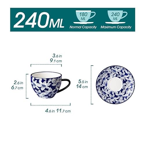 vancasso Selene 240 ml Porcelain Cup and Saucer Set of 6, Blue-and-White | Floral Patterned Vintage Coffee Cups Set for All Kinds of Drinks/Tea/Espresso/Latte/Cappuccino, Dishwasher & Microwave Safe thumbnail 3