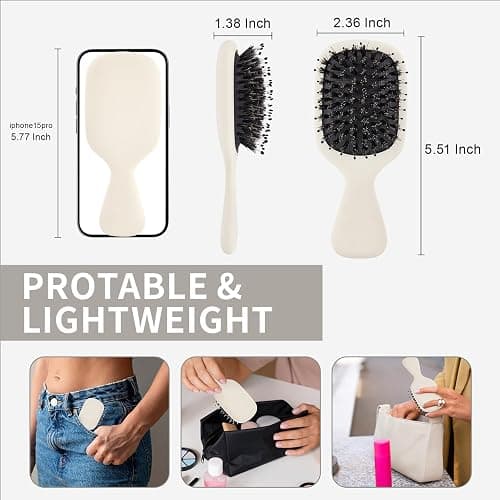 Jurrissa Mini Boar Bristles Hair Bursh, Travel Size Hair Brush for Women Men Kids, Protable Small Hair Brush for Pockets Purses, Mini Detangler Brush for Smooth Add Shine(White) thumbnail 2