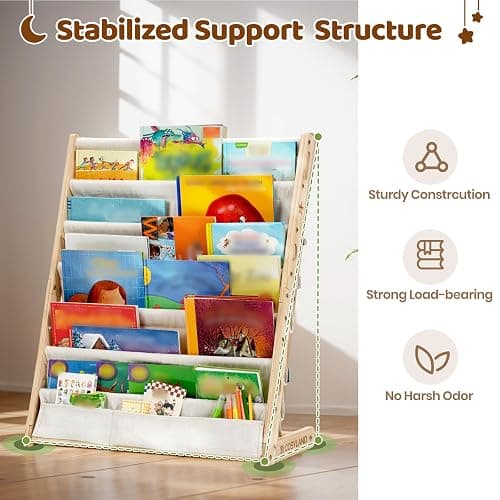 COSYLAND Fabric Kids Bookshelf 6 Tiers,Wooden Sling Book Rack with Deep Shelves for Playroom Nursery Bedroom,Front Facing Nursery Bookcase for Kids (Natural, 63 Cm Wide) thumbnail 4
