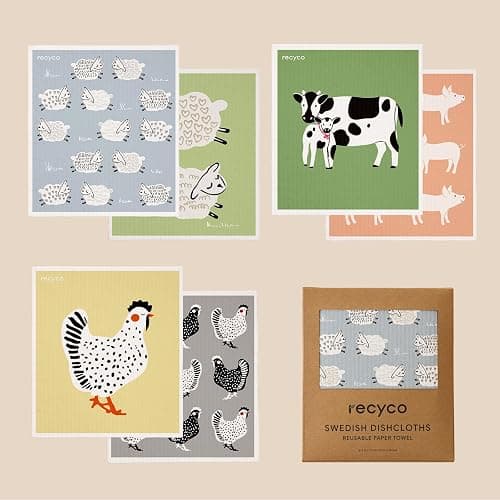 RECYCO Swedish Dishcloths for Kitchen | 6 Pack Farmhouse Friends Washable Dish Rags | Cellulose Reusable Cleaning Paper Towels | Absorbent Counter Dish Cloth Sponge Kitchen Wipes, 8" L x 7" W thumbnail 10
