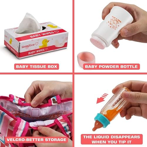 14 Pack Baby Doll Accessories, Baby Doll Feeding and Caring Set Includes Diaper Bag, Doll Diapers, Magic Bottle, Changing Mat for Girl Toddler Kid, Babies Pretend Play Set for Birthday Gift Christmas thumbnail 5