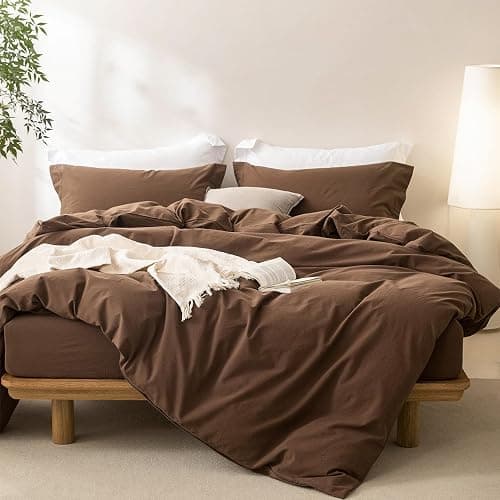 BDEAR Linen Feel Cocoa Brown Duvet Cover King Size 104'' W x 90'' L, Percale 100% Washed Cotton Duvet Cover with Zipper Closure Plus 2 Pillowcases, Oeko TEX Standard Certificated thumbnail 4