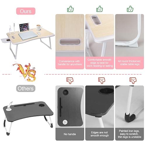 Laptop Bed Table, Laptop Desk for Bed, Foldable Laptop Bed Desk with USB Charge Port, Handle, Desktop Card Slot, Cup Slot, Side Drawer, Portable Laptop Table for Bed Eating Reading Working thumbnail 4