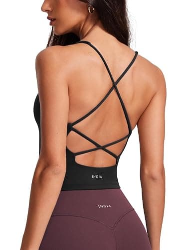 INGIA Womens V Neck Padded Tank Tops Spaghetti Criss Cross Strap Statement Strappy Back Casual Crop Top - Image 1