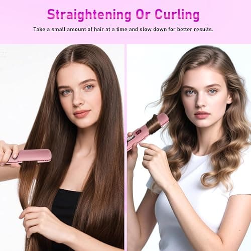 Cordless Hair Straightener, 2 in 1 Ceramic Flat Iron and Curler with Hairpin, 6 Levels of Temperature Adjustment, 4500mAh Battery, Type-C Charging, Portable Hair Straightener for Travel (Pink) thumbnail 2