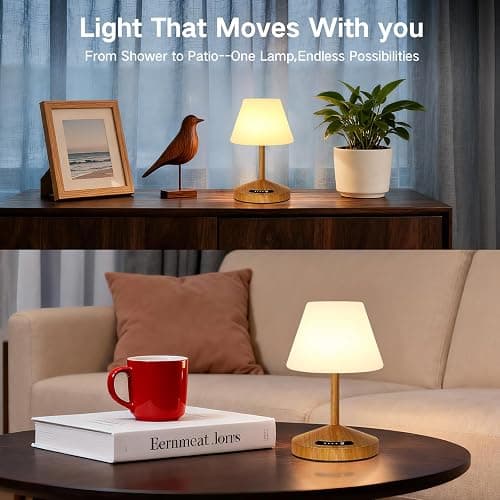 OUTON Rechargeable LED Shower & Table Lamp, Waterproof, USB Output, Stepless Dimming, 3 Colors, Power Indicator, Memory Function, Battery Operated Light for Home, Bathroom, Patio & Outdoor (Wood) thumbnail 2