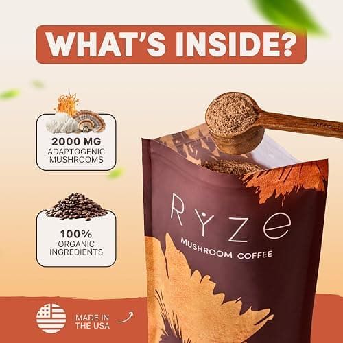 RYZE SUPERFOODS Mushroom Coffee USDA Organic with 6 Adaptogenic Mushrooms and MCT Oil, USA Grown Instant Coffee for Better Energy, Focus, Digestion, Immunity with Lions Mane & Turkey Tail, 30 servings thumbnail 5