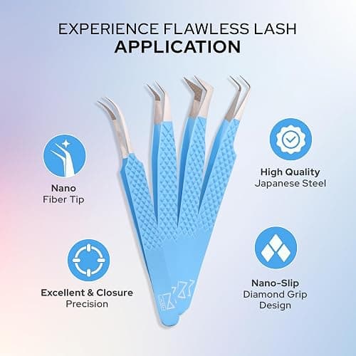 M LASH Tweezers for Eyelash Extensions (Set of 4) - Professional Lash Extension Tweezers - Fiber Tip, Japanese Steel, Diamond Grip Eyelash Extension Tweezer set (White) thumbnail 5