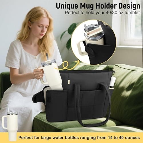 Sambois Puffer Tote Bag with Large Cup Holder& 15.6 Inch Laptop Compartment, Lightweight Puffy Work Bag with Water Bottle Pocket, Large Laptop Tote with Clutch Purse for Commuter Teacher Nurse (Black) thumbnail 2