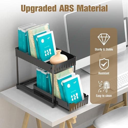 Latoxcaa 3 Pack Under Sink Organizer for Bathroom, ABS Material Pull Out Kitchen Organizers and Storage with Hooks Hanging Cup, 2 Tier Multi-Use Cabinet Organizer Storage for Bedroom/Office, Black - Double Pull-out+medium Size thumbnail 7