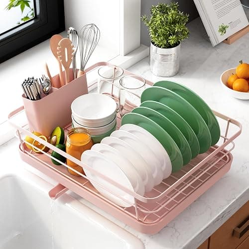 Kitsure Dish Drying Rack for Kitchen Counter, Stainless Steel Sink Organization and Storage Essentials with Cutlery Holder, Home and Appartment Decor, 12''W x 15.5''L, Pink - Image 1
