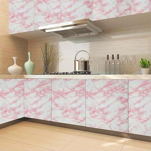 practicalWs 15.7 in × 118 in White Pink Marble Stick Paper Peel and Stick Countertops Self-Adhesive Vinyl Watertight Wallpaper Great As Cabinets Drawer Shelf Wall Crafts Wall Paper Decorations - 15.7" x 118.1" - Pink/White thumbnail 6