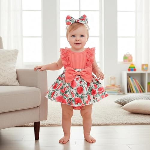 KAFIREN Baby Girl Newborn Lace Romper Dress Sleeveless Summer Outfits 0-12M | Lace Ruffles Romper Dress, Flower Skirt With Bow Headband, Breathable for Summer, Ideal for Daily Wear, Machine Washable thumbnail 2