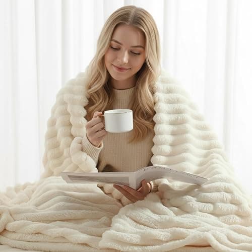 decorUhome Christmas Soft Fleece Cream White Throw Blanket for Couch, Cozy Fluffy Plush Flannel Striped Blanket for Sofa Bed, Lightweight Decorative Ribbed Fuzzy Blanket for Woman, 50x60 Inches thumbnail 9