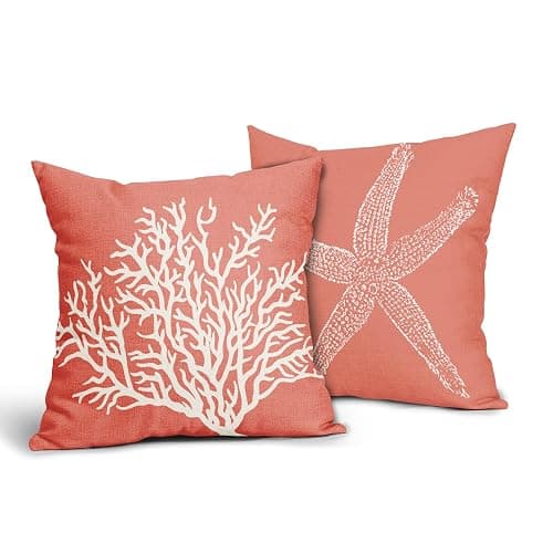 Coastal Coral Throw Pillow Covers 18x18 Inch Set of 2 Starfish Beach Nautical Pillow Covers Summer Farmhouse Pillowscase Linen Square Cushion Covers for Sofa Couch Bedroom Living Room Home Decoration - Image 1