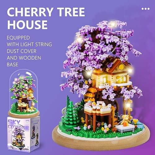 DIY Flower Building Toy Sets Miniature Cherry Blossom Tree House Building Kit, Purple & Yellow Sakura Flowers, Building Blocks Set for Adults & Girls - Bonsai Tree Model with Dust Cover thumbnail 6