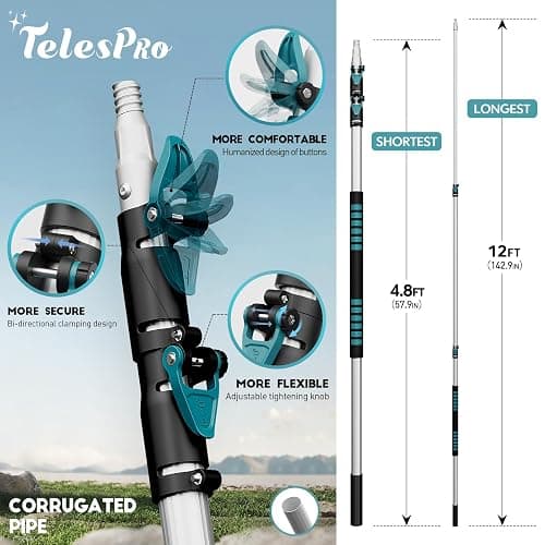 TelesPro 20 Foot High Reach Duster Kit with 5-12FT Extension Pole High Ceiling Dusting and Window Cleaning Kit with Telescopic Pole Window Washer&Squeegee,Cobweb Duster,Fan Duster and Feather Duster thumbnail 3