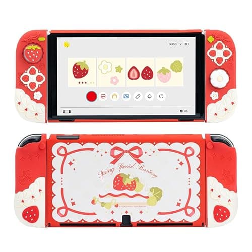 GeekShare Protective Case for Switch OLED Slim Cover Case Compatible with Switch OLED Separable Soft Silicone Protective Shell for Joystick with 2 Thumb Grip Caps - Strawberries with Cream - Image 1